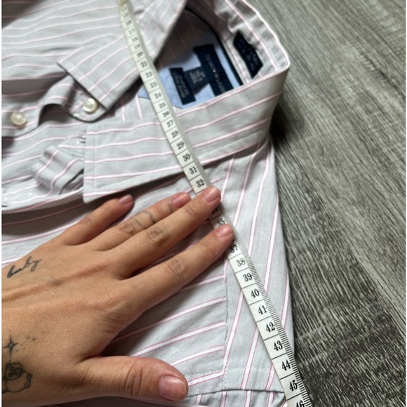 Classic button-down shirt. Gray with pink stripes. New. - Picture 7 of 9